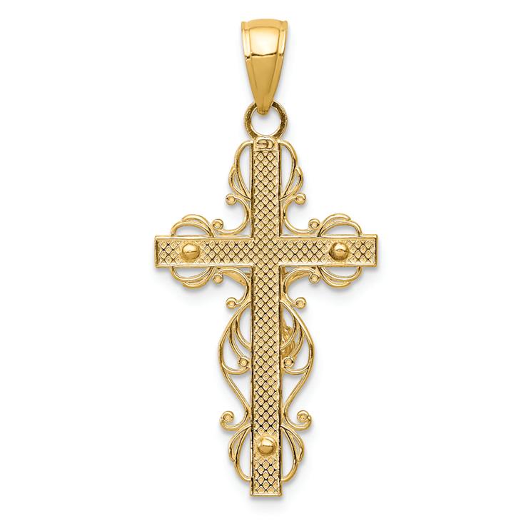 14k Yellow Gold Polished and Textured Crucifix with Lace Trim Pendant