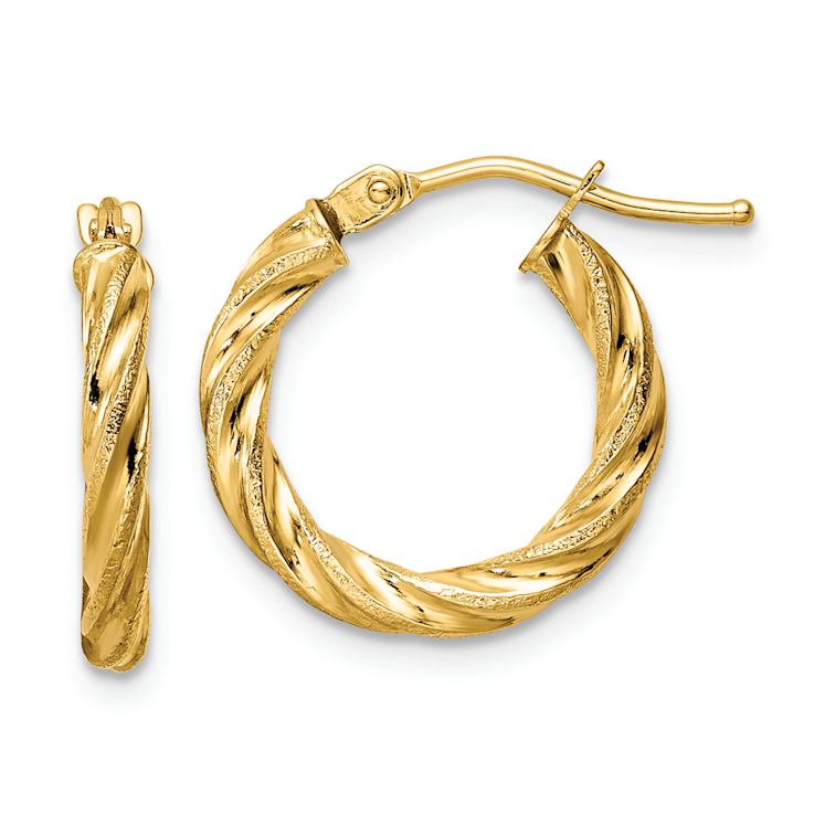 14k Yellow Gold Polished and Textured 5/8" Twisted Hoop Earrings