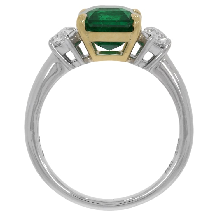 Emerald Step Cut Green Emerald and White Diamond Platinum Ring. 3.19 CTW