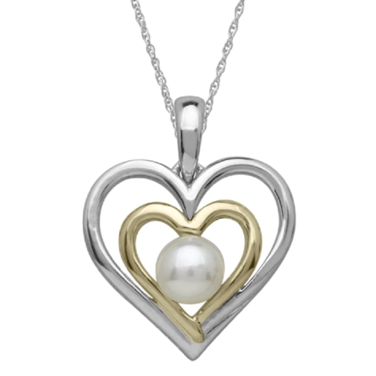 White Freshwater Pearl Sterling Silver/14K Gold Over Silver Accent
Double Heart Pendant with Chain