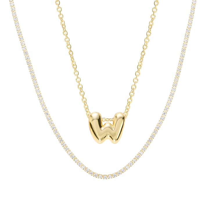 CZ Initial W Tennis Necklace And Pendant Set In 14K Gold Over Brass 4.05ctw