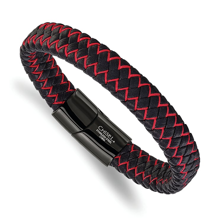 Stainless Steel Polished Black Ion Plated Black Leather and Red Fabric
8.25-inch Bracelet
