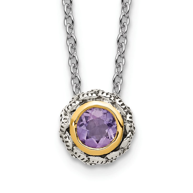 Sterling Silver Antiqued with 14K Accent Amethyst Slide Necklace