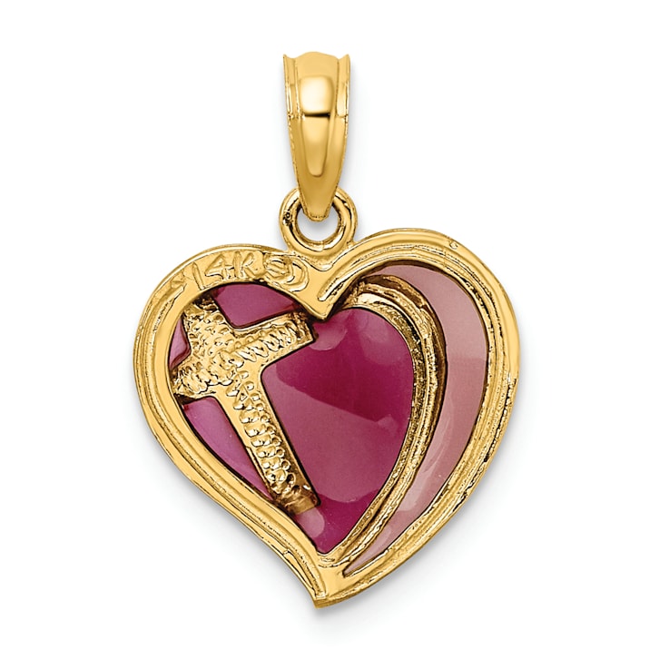 14K Yellow Gold with Purple Enamel Cross Heart Charm Pendant