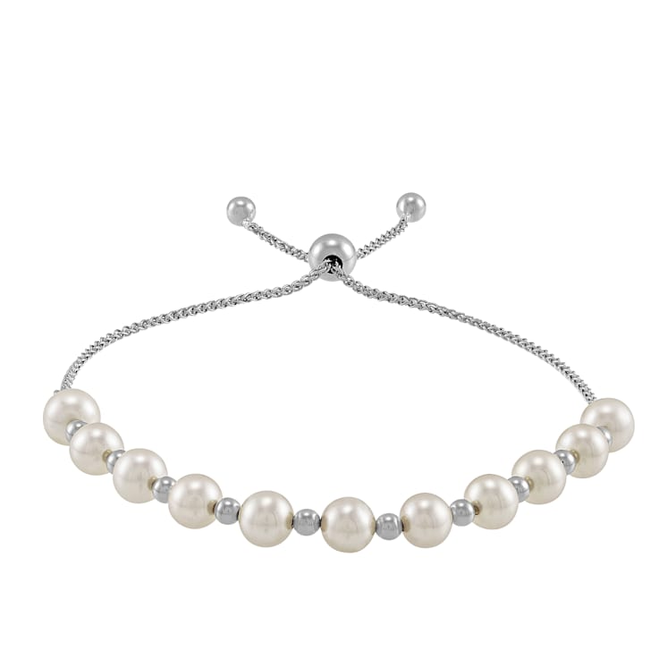 6-6.5mm Round White Freshwater Pearl and Sterling Silver Beads Bolo Bracelet