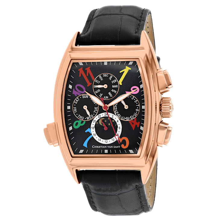 Christian Van Sant Men's Grandeur Black Dial, Multi-color Accents, Rose
Bezel, Black Leather Watch
