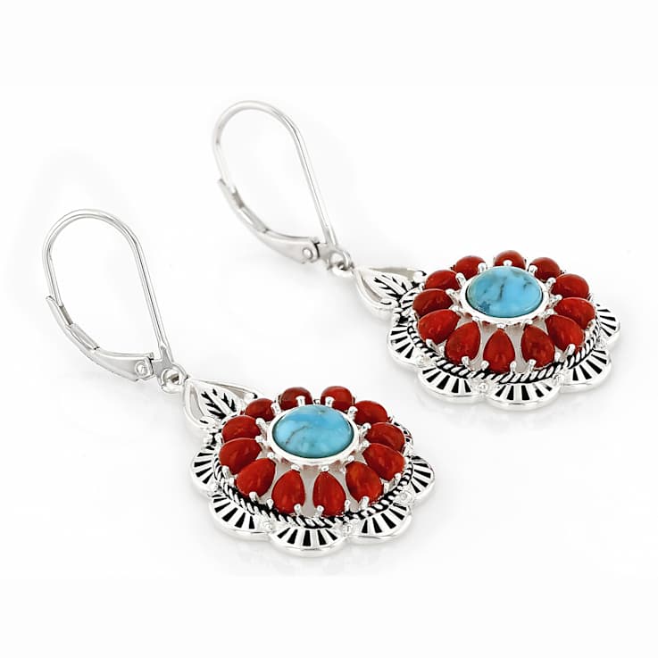 Turquoise And Coral Dangle Sterling Silver Earrings 7mm