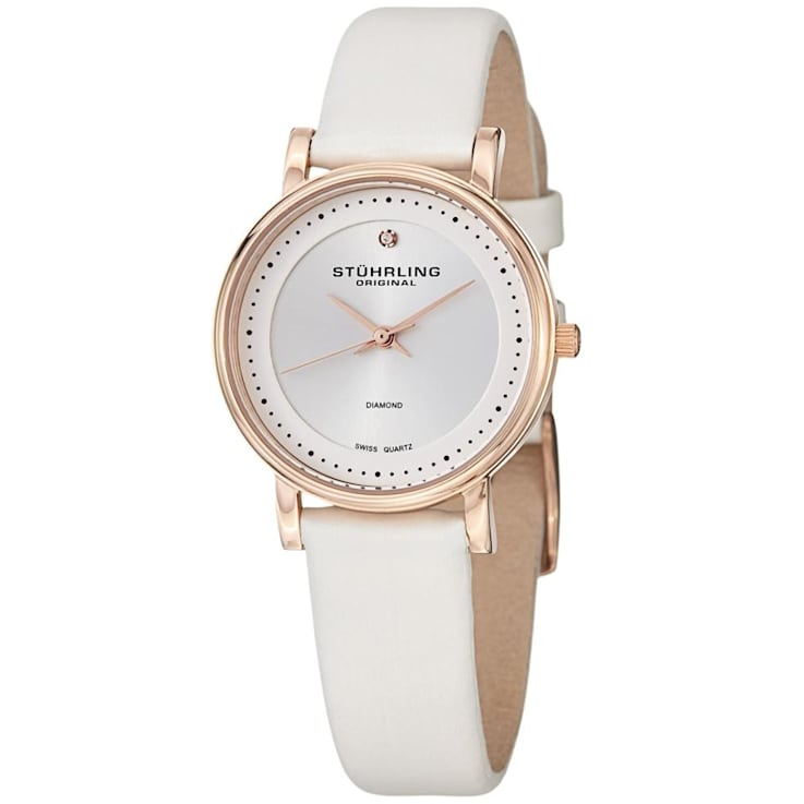 Stuhrling Women's Classic Rose Bezel White Leather Strap Watch