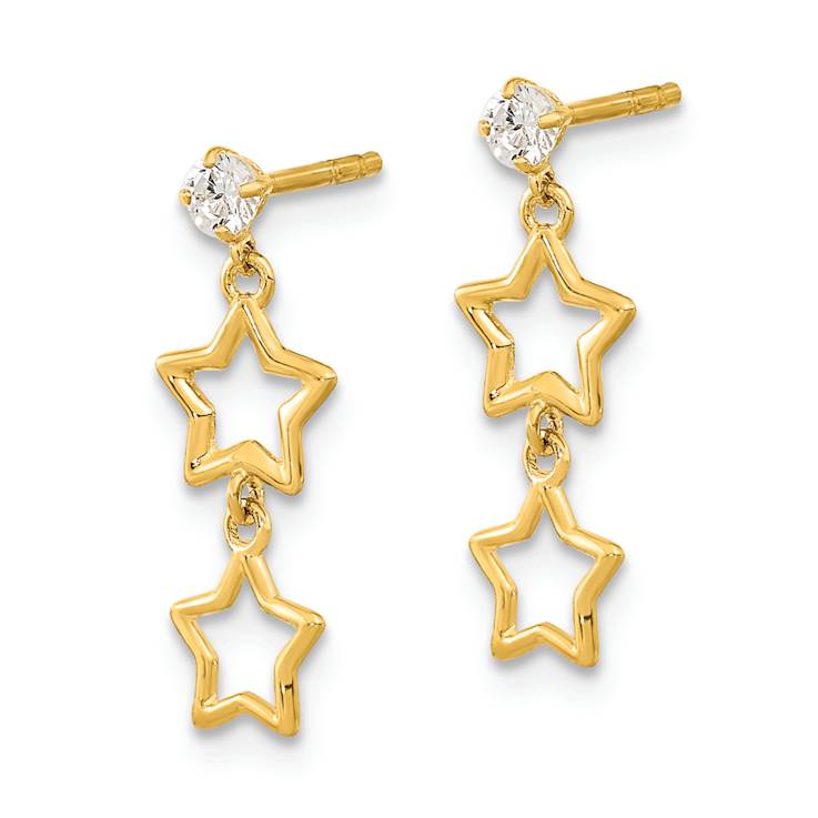 14k Yellow Gold Polished Star with Cubic Zirconia Dangle Earrings