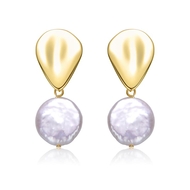 Coin Shape Freshwater Pearl Double Drop Earrings In 14K Gold Over
Sterling Silver