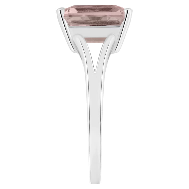 10x8mm Emerald Cut Rose Quartz Rhodium Over Sterling Silver Ring