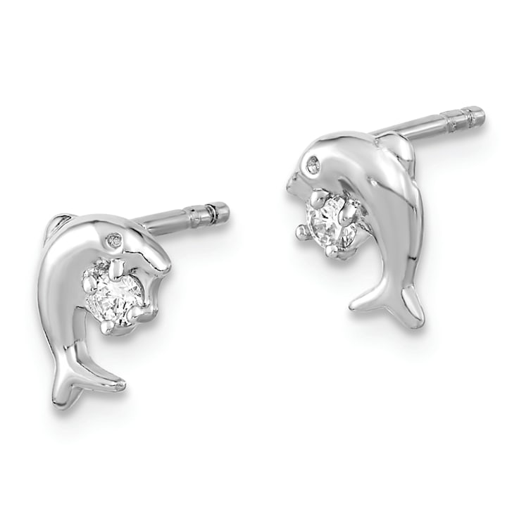 Rhodium Over Sterling Silver Cubic Zirconia Dolphin Post Earrings
