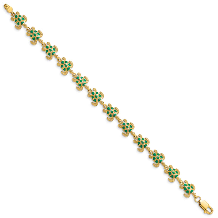 14k Yellow Gold with Green Enamel Sea Turtle Bracelet