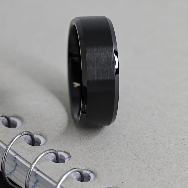 ELISE Black Tungsten Ring with Polished Beveled Edges and Brush Finished
Center 8mm