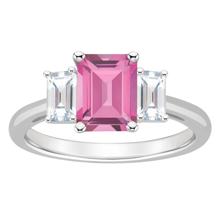 8x6mm Emerald Cut Pink Topaz And White Topaz Rhodium Over Sterling
Silver 3-Stone Ring