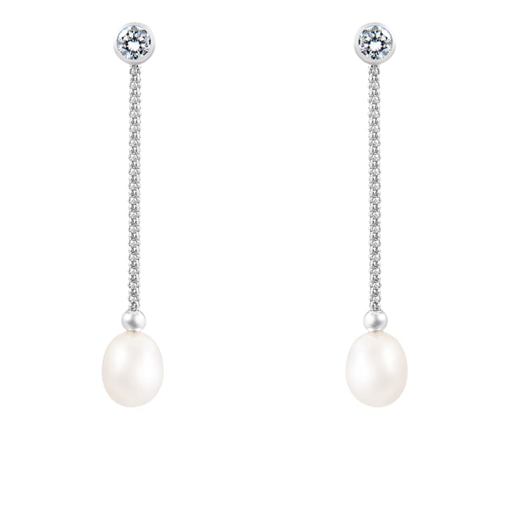 7.5-8mm White Cultured Freshwater Pearl Rhodium Over Sterling Silver Earrings