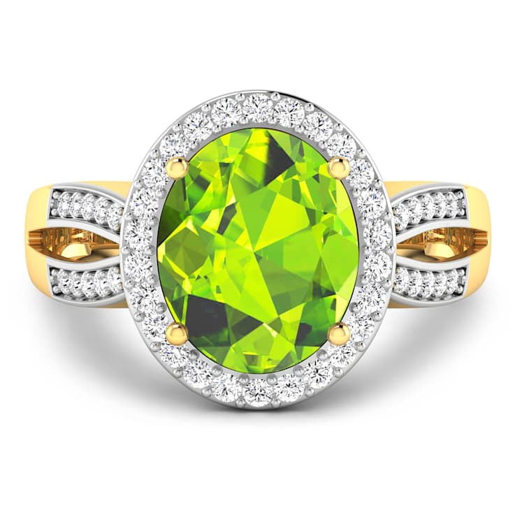 4.24 ctw Oval Green Peridot and Diamond 14K Yellow Gold Split Shank Halo Ring