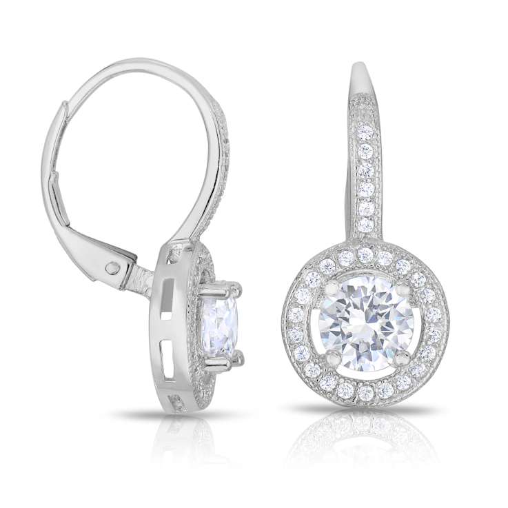 CZ Halo Drop Earrings In Sterling Silver