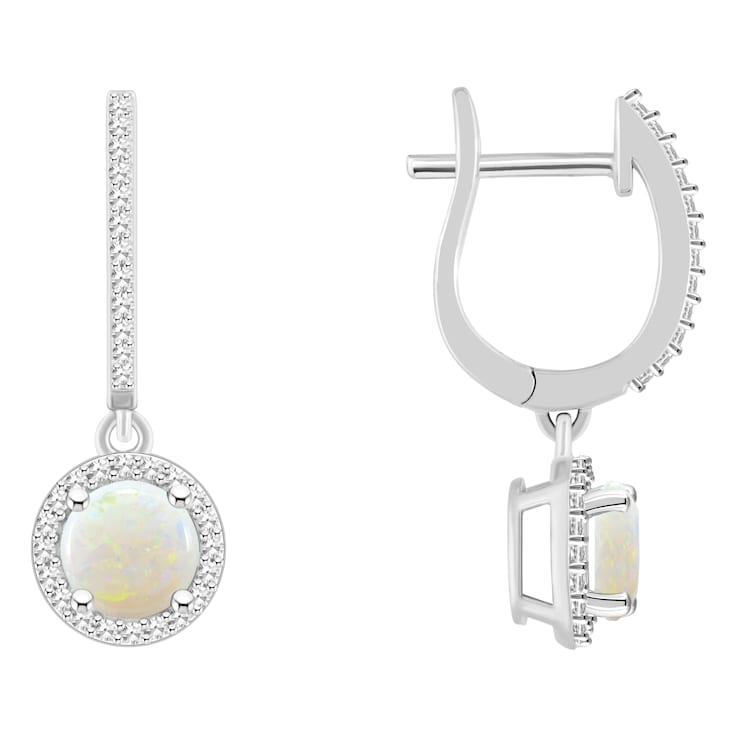 6mm Round Opal 1/3 ctw Diamond Rhodium Over Sterling Silver Halo Dangle Earrings