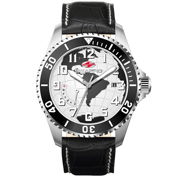 Seapro Men's Voyager White Dial, Black Bezel, Black Leather Strap Watch