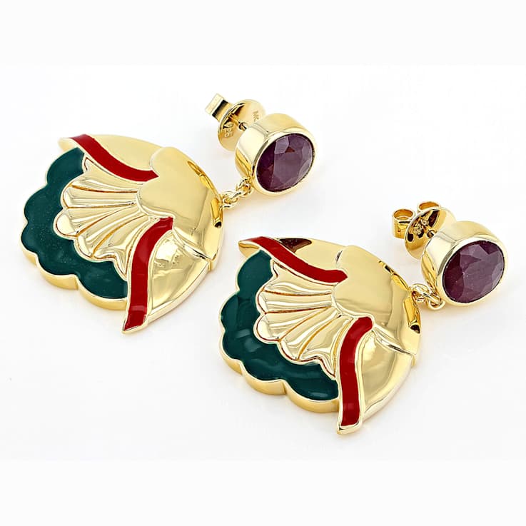Ruby And Enamel Dangle Artisan Inspired Earrings In 18K Gold Over
Sterling Silver 5.04ctw
