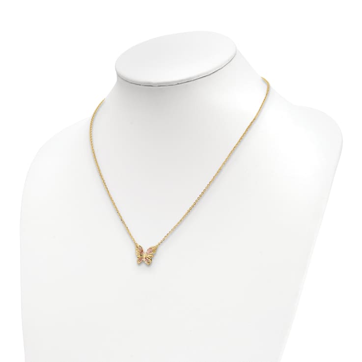 14K Yellow Gold Polished Diamond-cut with Pink Enamel Butterfly Necklace