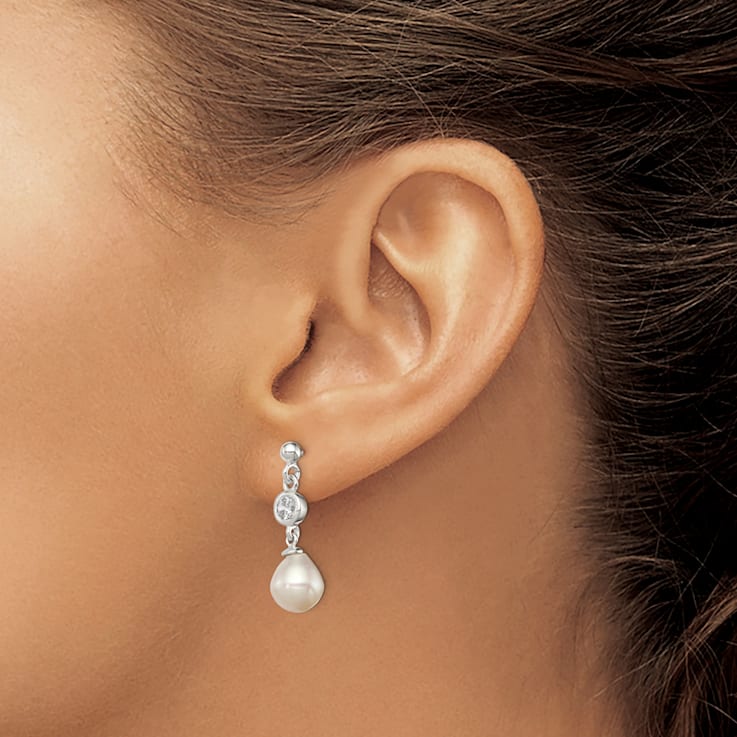 Sterling Silver Polished Freshwater Cultured Pearl and CZ Post Dangle Earrings