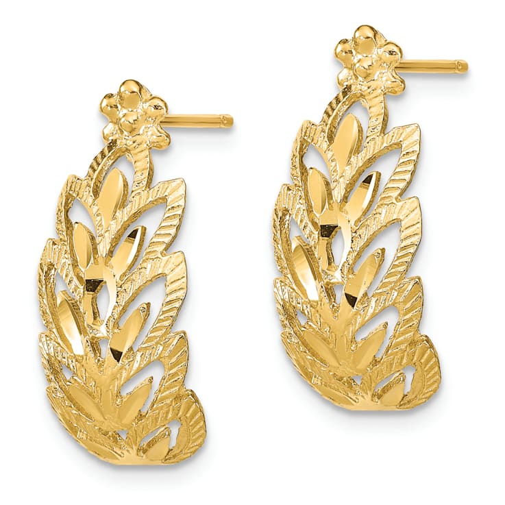 14K Yellow Gold Textured and Diamond-Cut Leaf Pattern Dangle Earrings
