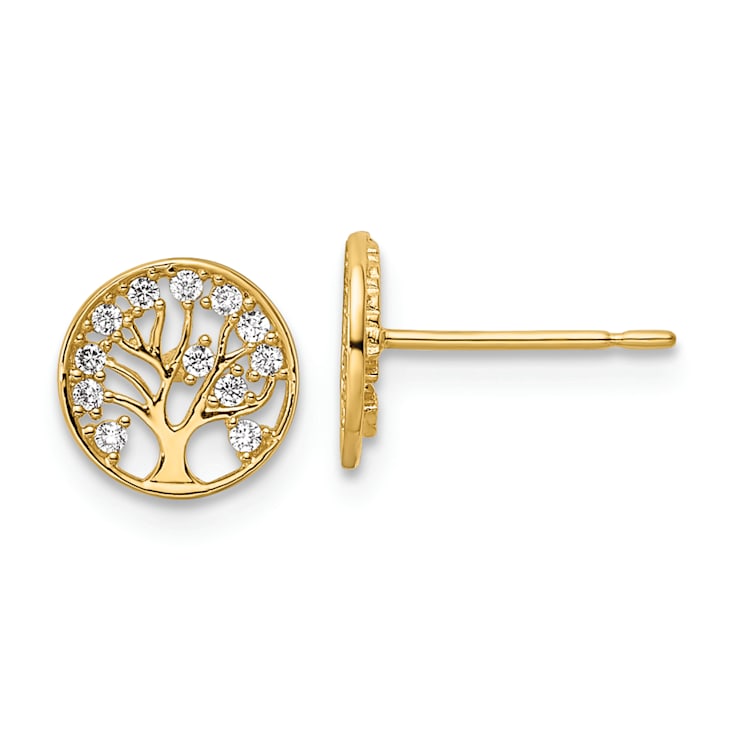 14k Yellow Gold 7.5mm Cubic Zirconia Tree of Life Stud Earrings