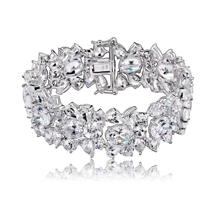Colored Cubic Zirconia, Rhodium Plated over Sterling Silver Wide Flower Bracelet