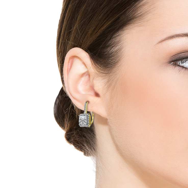 Princess-Cut CZ Halo Drop Earrings In 14K Gold Over Brass