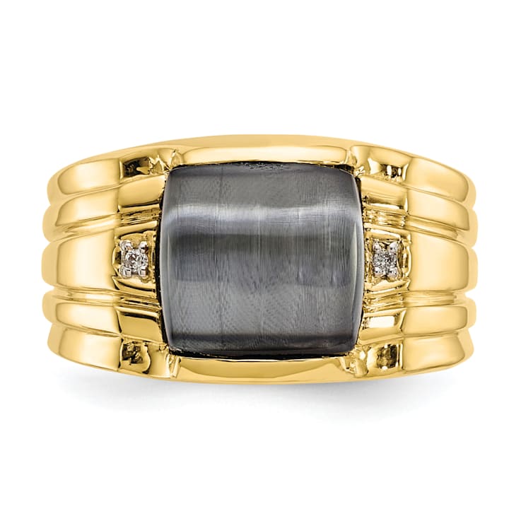 10K Yellow Gold Gray Onyx Cats Eye and 0.01ct Diamond Men's Ring