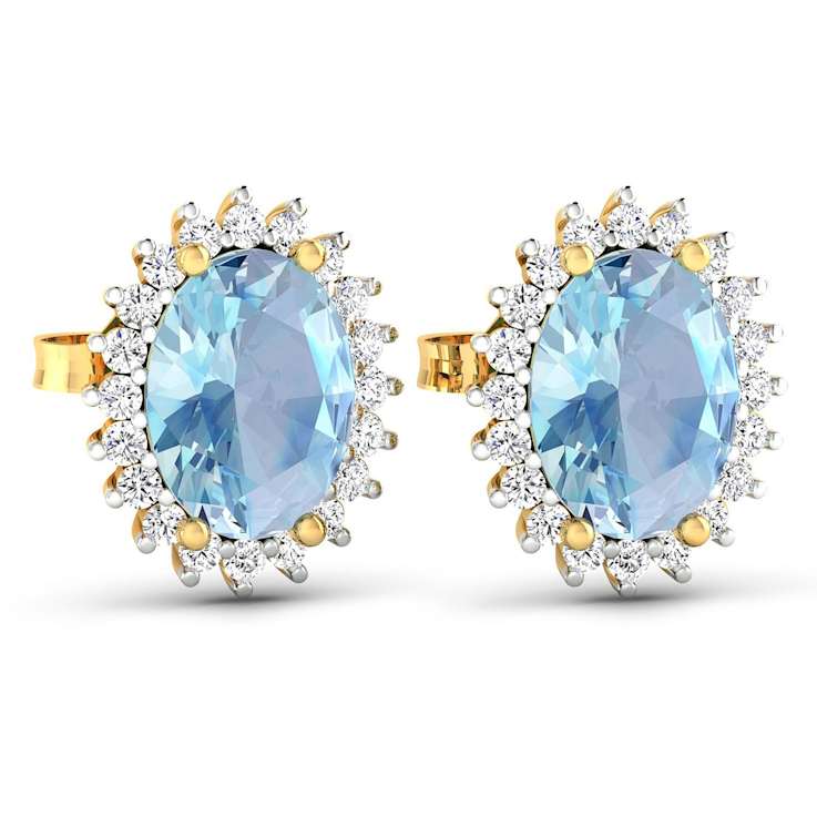 1.92ctw 14K Yellow Gold Aquamarine and White Diamond Halo Earrings