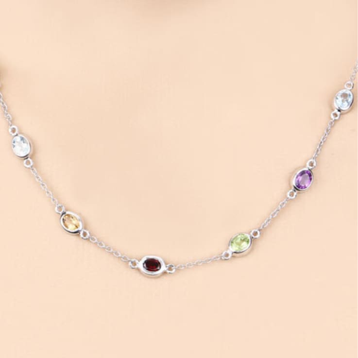 Multi Gemstone Rhodium Over Sterling Silver Station Necklace