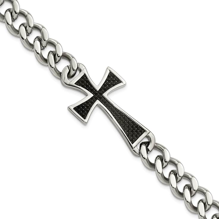 Stainless Steel Polished Black Carbon Fiber Inlay Cross Bracelet