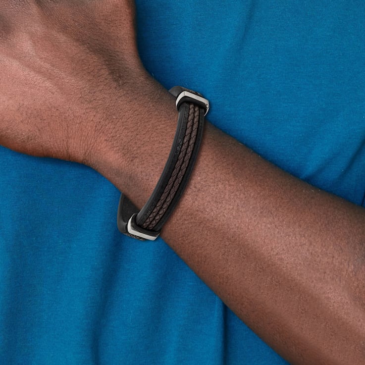 Black and Brown Braided Leather and Stainless Steel Polished Black with
0.5-inch Extension Bracelet