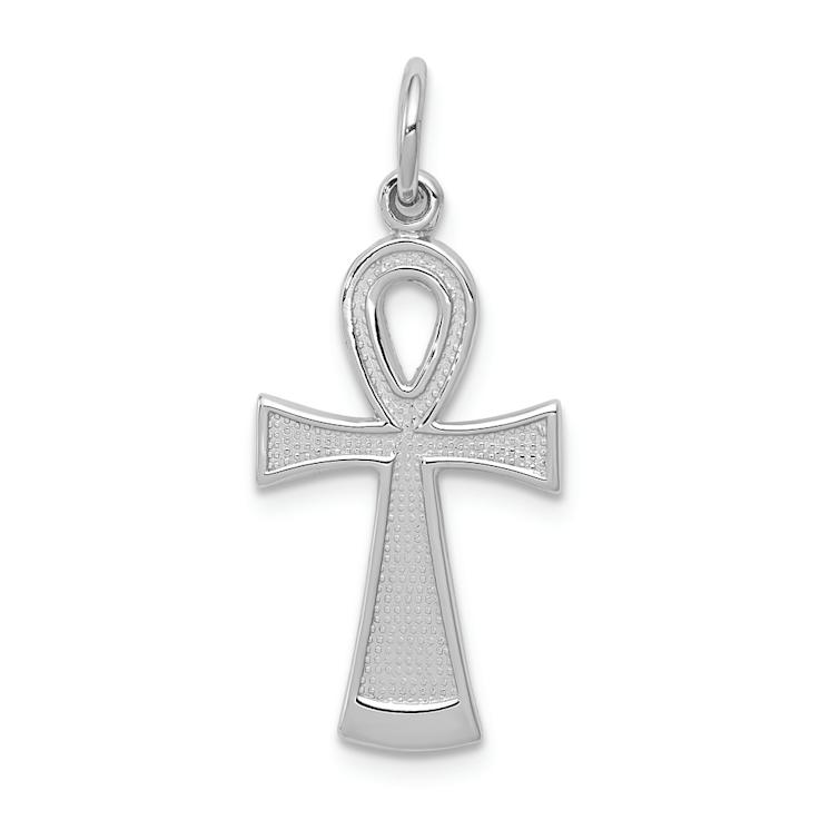 Rhodium Over 14k White Gold Brushed and Textured Ankh Cross Pendant