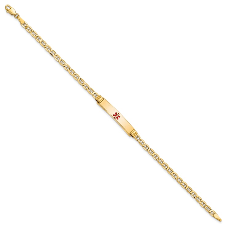14k Yellow Gold Medical Polished Red Enamel Mariner Link ID Bracelet