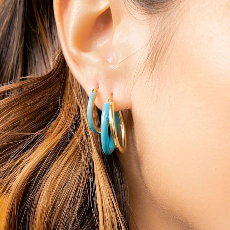 14K Yellow Gold Over Sterling Silver Double Hoop Enamel Earrings in
Turquoise Color