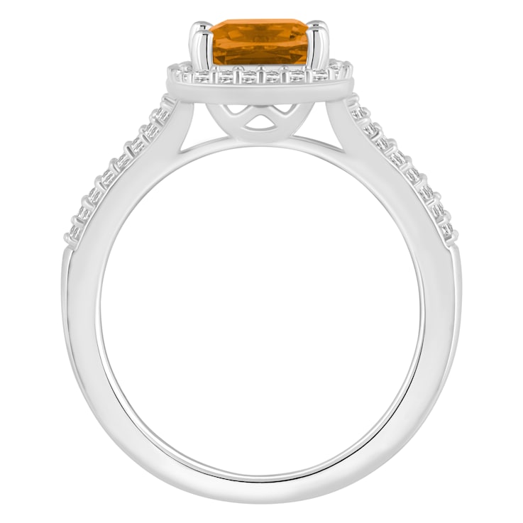 7mm Cushion Citrine 1/4 ctw Diamond Rhodium Over Sterling Silver Halo Ring