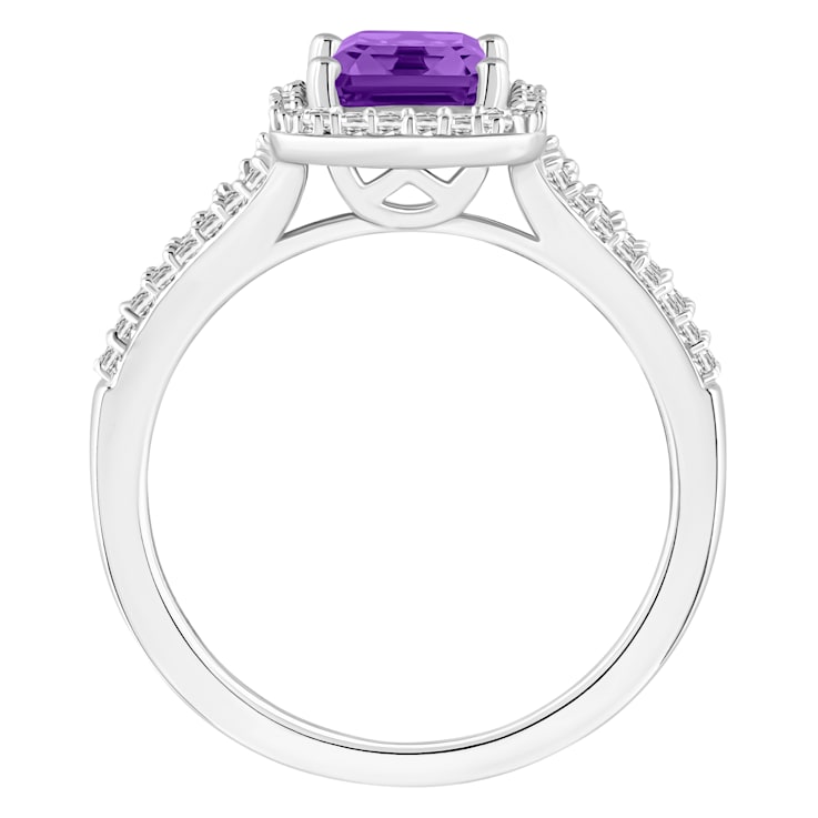 8x6mm Emerald Cut Amethyst 1/4 ctw Diamond Rhodium Over Sterling Silver
Halo Ring