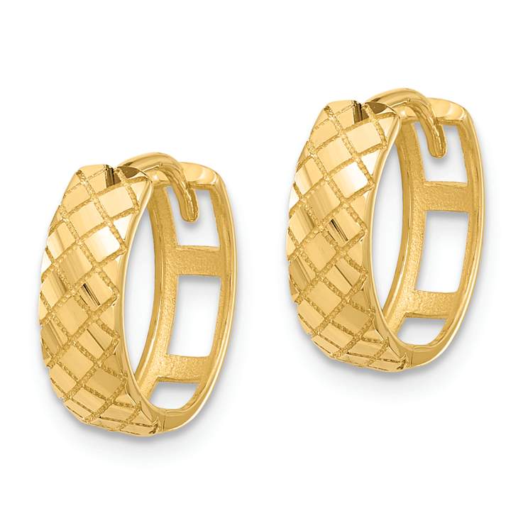 14k Yellow Gold Polished and Laser Design Textured 1/2" Hinged Hoop Earrings