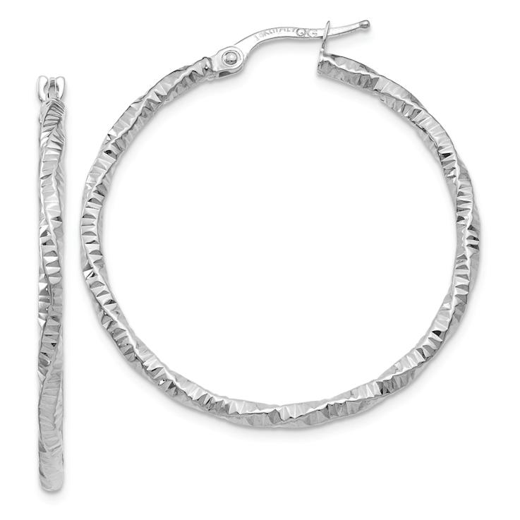 Rhodium Over 14k White Gold 1 3/8" Polished and Textured Hoop Earrings
