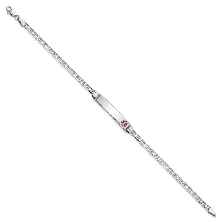Rhodium Over 14k White Gold Medical Red Enamel Mariner Link ID Bracelet