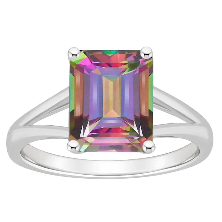 10x8mm Emerald Cut Mystic Topaz Rhodium Over Sterling Silver Ring