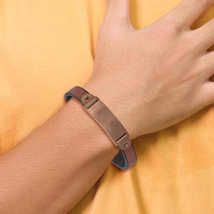 Stainless Steel Brushed Brown Ion Plated Brown Leather 8.5-inch ID Bracelet