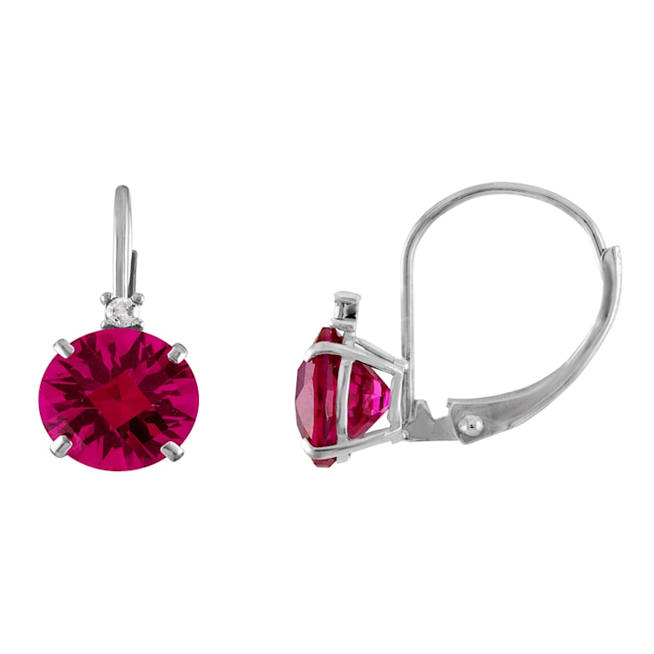 10K White Gold Lab Created Ruby and Diamond Round Leverback Earrings 2.53ctw