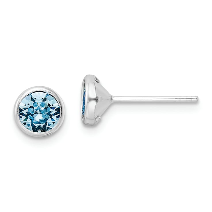 Rhodium Over Sterling Silver Polished Blue Crystal Bezel Stud Earrings