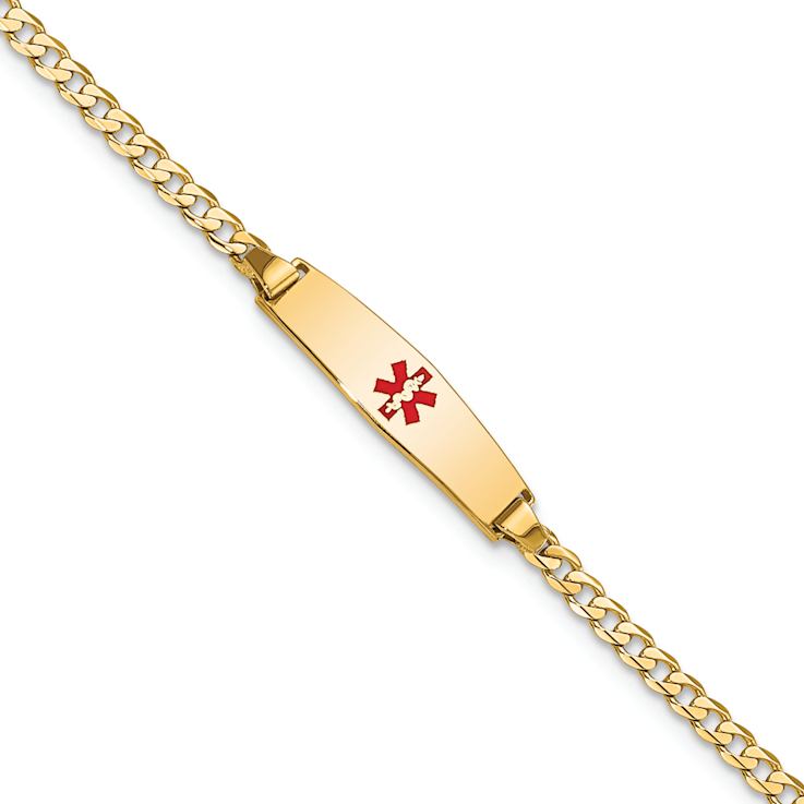 14k Yellow Gold Medical Soft Diamond Shape Red Enamel Curb Link ID Bracelet