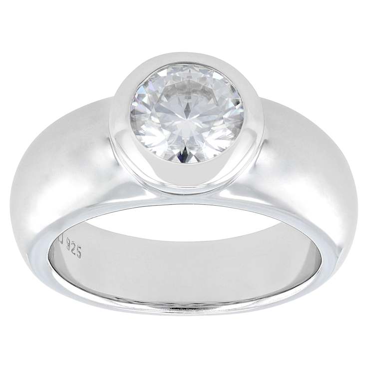 Bezel Set Moissanite Wide Band Solitaire Ring In Platinum-Enhanced
Sterling Silver
